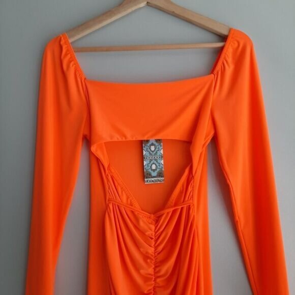 BOOHOO Cut-out Ruched Long Sleeve Mini Dress Orange Sz 8 Flawed - Picture 3 of 14